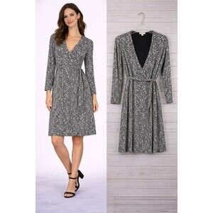 Loft Wrap Dress Size 12P Black White Print 3/4 Sleeve Stretch